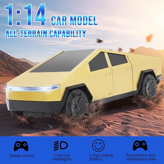 Remote Control Pickup Truck, 1/24 Scale Racing Car Model, Rechargeable Battery & Light and Loadspace, for Adults and Boys (Gold)