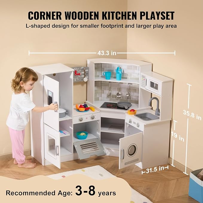 VEVOR Interactive Wooden Toy Play Kitchen Playset for Kids with Lights and Sounds, Corner Design with Ice Maker, Oven, Sink, Clock, Microwaves, Refrigerator and Accessories, for Girls & Boys, White