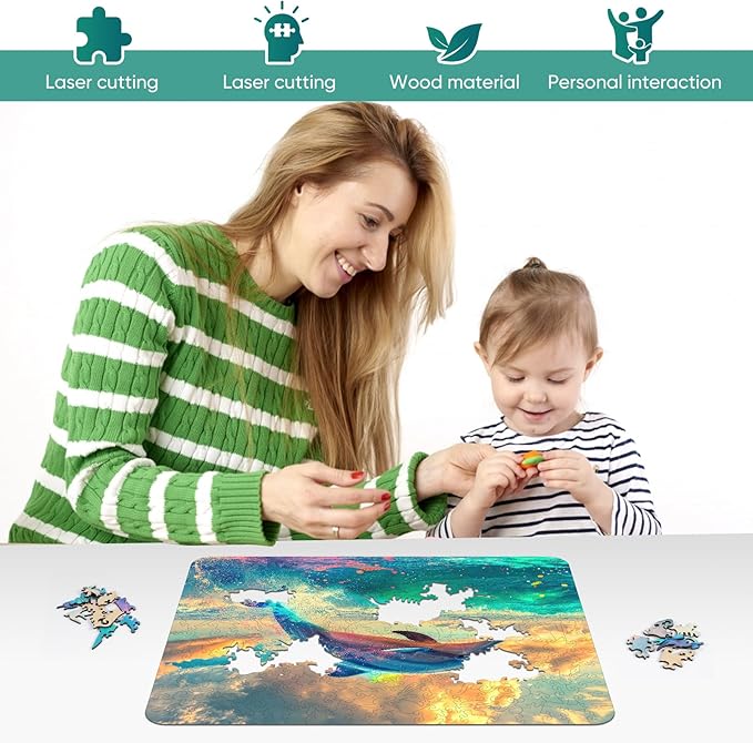 Wooden Puzzle for Adults, Dolphin Wooden Jigsaw Puzzles(19.1 * 15.2in-500pcs), Beautiful Wooden Puzzle with Box Birthday Gifts for Adults and Kids Family Game