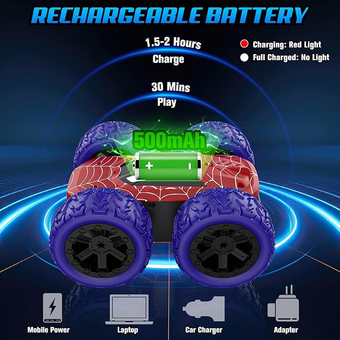 Remote Control Car for Boys, RC Cars for Kids with Colorful LED Lights, 2.4Ghz Double Sided 360° Flips 4WD Stunt Car, Rechargeable Toy Cars for Boys Girls Ages 4-6 5-7 6-8 8-12 Birthday Gift