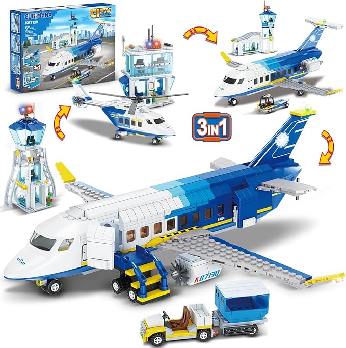 City Passenger Airplane Building Set, 711 PCS 3 IN 1 Plane Building Blocks Kit with Airport Terminal, Radar Tower, Luggage Truck, Planes Model Toys Gift for Boys Girls Kids 6 7 8 9+ Years Old