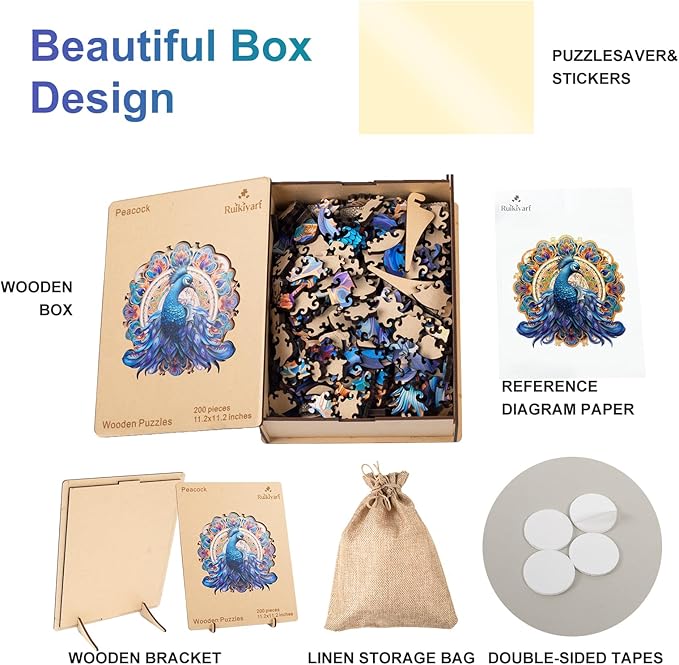Blue Peacock 200 Pieces Wooden Jigsaw Puzzles for Adults with Unique Irregular Shape Fun Challenging Bird Puzzles for Kids and Couples on Birthday,Children’s Day,Christmas 11.2" x 11.2"