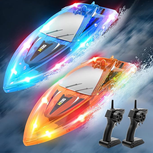 2Pack LED Light RC Boat Remote Control Pool Water Toys for Kids Ages 8-12 Adults Lakes Bathtub Toy with Whole Body Waterproof,Low Battery Alarm,2.4Ghz,Control Range 50M,Rechargeable Battery