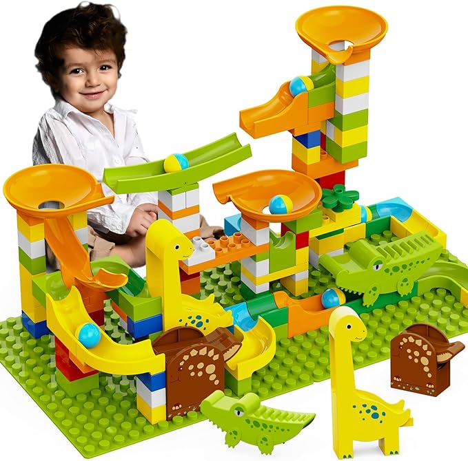 Dinosaur Marble Runs for Kids 4-8 Building Blocks Compatible with LEGO DUPLOS for Age 2-5/138Pcs Classic Big Blocks Marble Run for kids Ages 3-5 STEM Toy/Montessori Toys Gift for Kids Age 3,4,5,6,7,8+