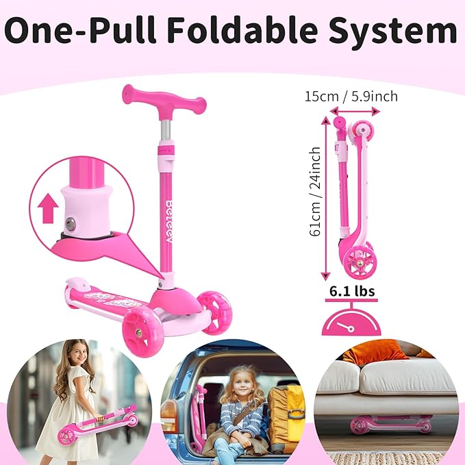 BELEEV A9 Kids Scooter with LED Light-Up Wheels & Deck, 3 Wheel Folding Scooter for Toddlers Girls Boys Ages 3-12, Adjustable Handlebar, Lean to Steer, Extra-Wide Wheels, Kick Scooter for Children