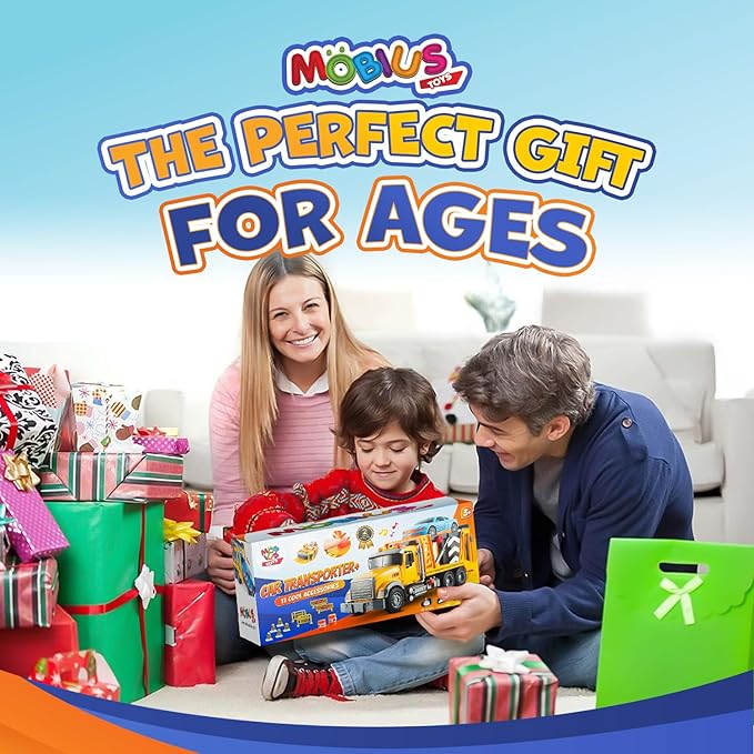 Mobius Kids Tow Truck Toy with Race Car Friction Powered Hauling Toy Tow Trucks for Boys Age 3-5 w/Flashing Lights & Sounds - Playset for Kids Boy & Girls Ages 3-9 Working Hook & 11 Cool Accessories