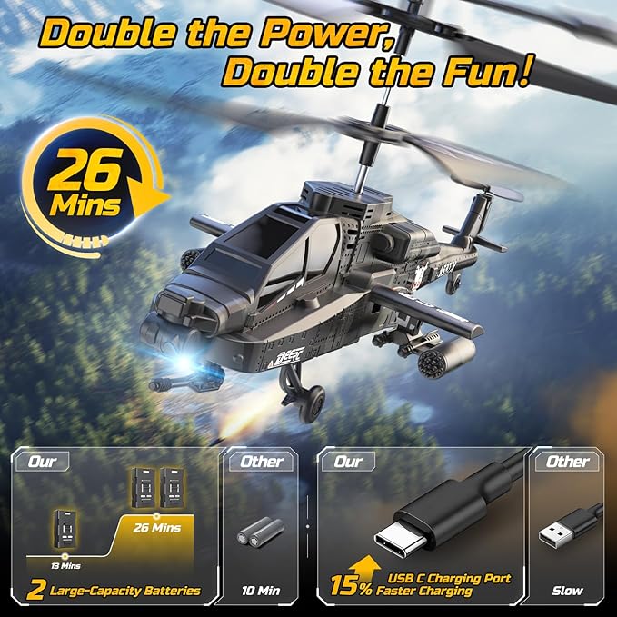 DEERC Apache RC Helicopter for Kids & Adults, Military Remote Control Helicopter Toy with LED Lights, 2 Batteries & USB-C Charging, 26 Mins Flight, Altitude Hold, Gift for Boys Ages 8-12