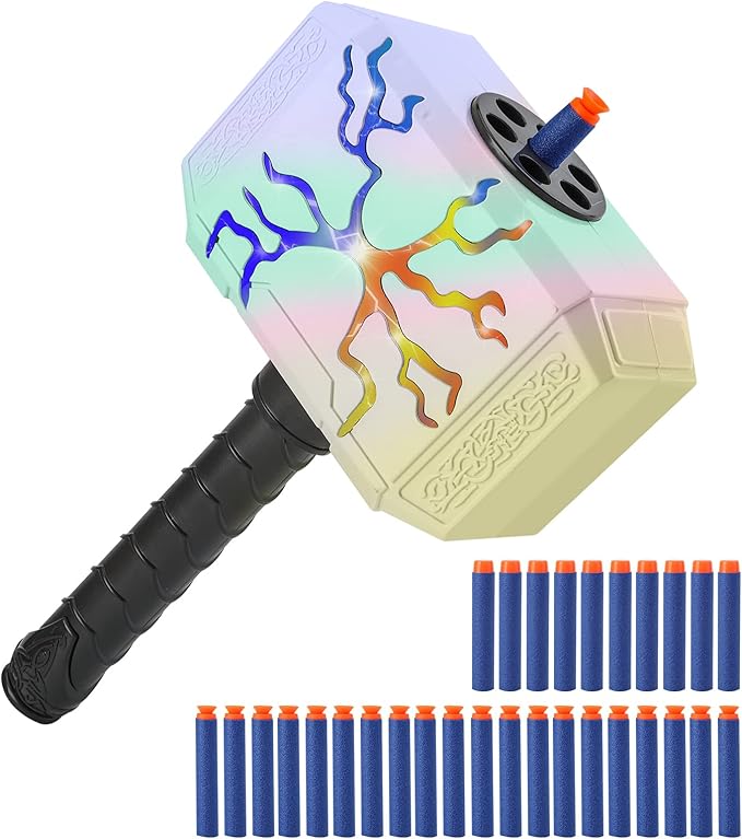 Dart-Blasting Hammer Toys Guns with Light -Toys for 6+ Year Old Boys,Kids Roleplay Toy Thunder Mjolnir Includes 30 Darts Gift for Boys & Girls Shooting Game Toy