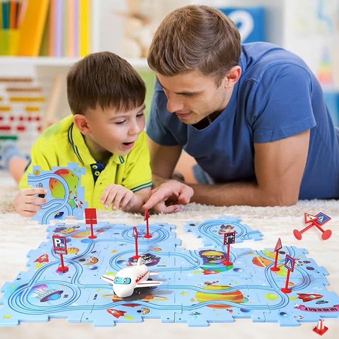 Plastic Floor Puzzles for Kids with Airplane Toy Car, Puzzle Track Car Play Set, Educational Toys for 2 3 4 5 6 Year Old Boys, 2 3 4 5 6 Year Old Boy Birthday Gift, Kids Toys Boys 3-5