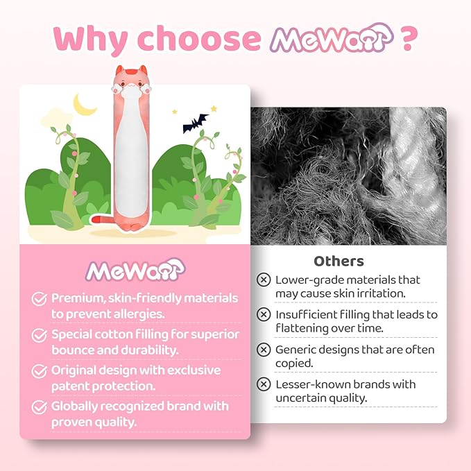 Artist-Designed Ultra Soft Long Cat Plush Body Pillow, Extra Stuffing for Comfort, Premium Quality Stuffed Animal Gift for Girlfriend or Cat Lovers (Pink Cat Body Pillow 20 Inch)