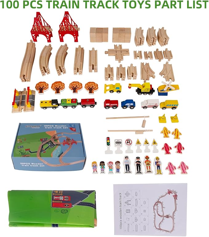 100 Pcs Wooden Train Track Set, Toys Train Railway Vehicles for 3-10 Years Old Kids Boys & Girls Christmas Toys, Fits with Thomas, Brio, IKEA, Melissa and Doug