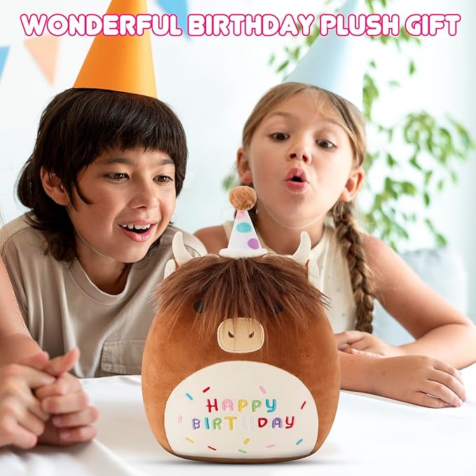 SQEQE Happy Birthday Highland Cow Plush Cute Cow Stuffed Animal Toy Brown Cow Plushies Doll Home Decor for Kids Girls Boys(Cow, 10 Inch)