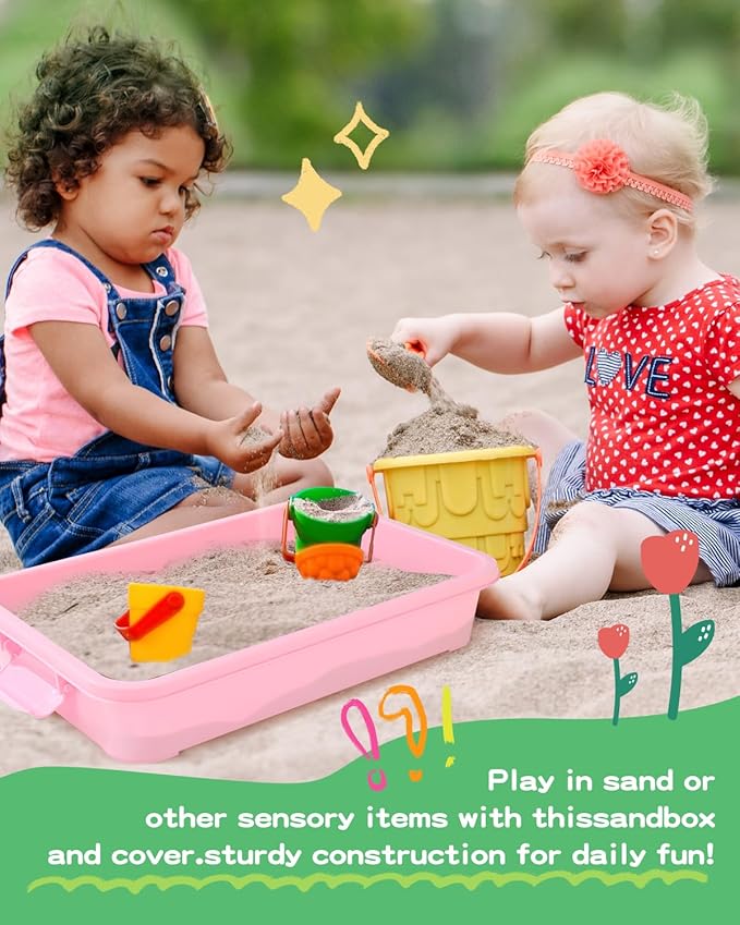 Sensory Bin Sand Tray with Lid for Toddlers 2 Pcs 15in Portable Sandbox Toy Large Plastic Tray for Kids 3 4 5 6 Fill with Sand, Water, Beads, and More (Pink + Green)