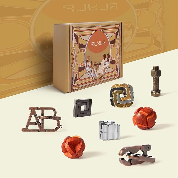 8 Pcs Brain Teaser Puzzles Favor Educational Toys Mind Puzzles Ancient Wooden and Metal Puzzles 3D Unlock Interlock IQ Puzzles Box Game