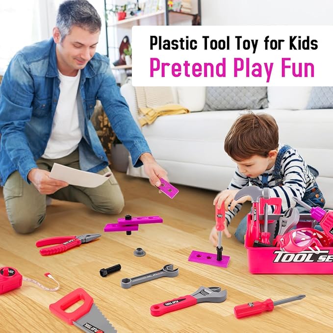 LOYO Kids Tool Set - Toddler Tool Set with Kid Tool Belt Tool Box & Electronic Toy Drill, Kids Construction Toys for Girls Boys Gift for Toddlers Girls Ages 3 , 4, 5, 6, 7 Years Old