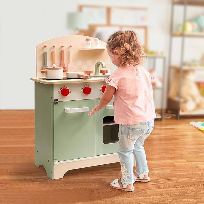 ROBOTIME Wooden Play Kitchen for Kids, Realistic Toddler Kitchen Set, Wood Chef Pretend Kids Kitchen Playset, Toy Kitchen for Kids Boys Girls Ages 3 to 8 (Green)