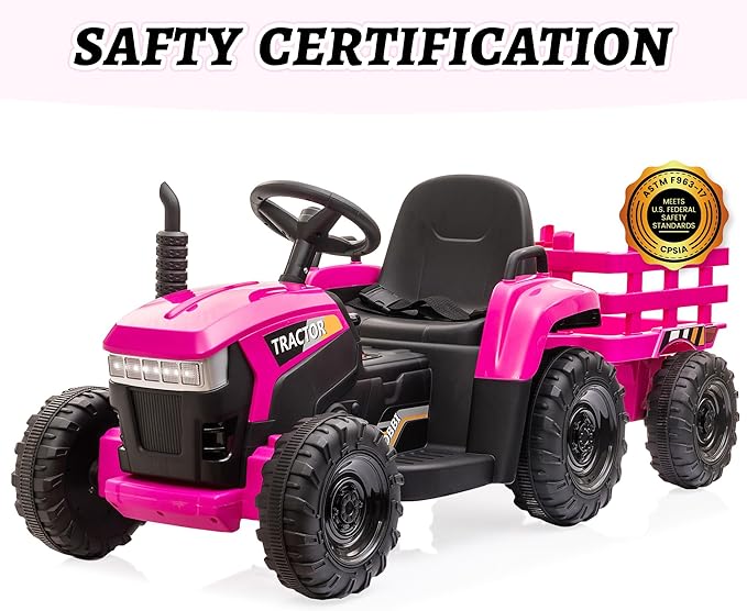 TOBBI Kids Electric Ride On Toy Tractor, 12v Battery-Powered 4 Wheels Ride On Car with Trailer, 35W Dual Motors/3-Gear-Shift/LED Lights/USB Audio Functions for Toddlers 3-6 Years-Rose Red