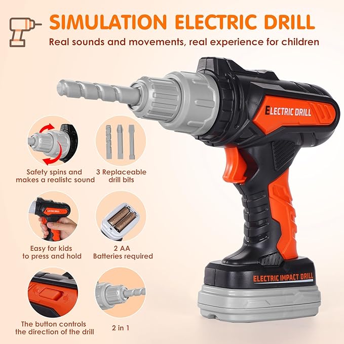 Kids Tool Set- 48PCS Toddler Tool Set Toys with Electronic Toy Drill, Tool Bag&Tool Belt&Tape Measure, Pretend Play Kids Construction Tool Kits Toy for Boys, Kids Birthday Gift for Boys Girls Ages 3+