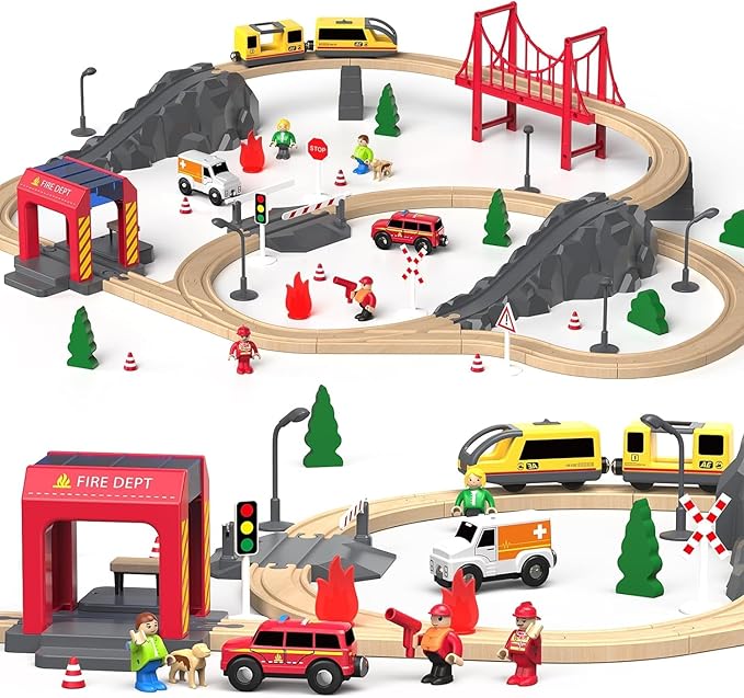 Giant bean 72PCS Fire Station Wooden Train Track Electric Train Set, Gift Packed Toy Railway Kits for Kids, Toddler Boys and Girls 3,4,5 Years Old and Up, Christmas Birthday Gift Toy for Kids