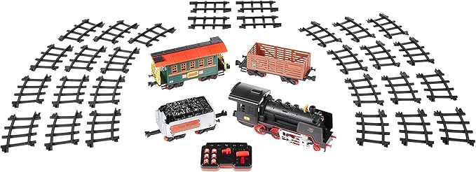 Amazon Basics Remote Control Steam Engine Hobby Train Set with Tender and Gondola and Caboose Smoking, working light and realistic sounds Age 3 or up Perfect for Kids, Multicolor