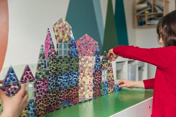 Magnetic Tiles Set - 52 PCS Double-Sided Color Tiles for Kids | Unique Geometric Design for More Creative Builds | STEM Toy for Ages 3 4 5 6 7 8 9+ Birthday Gift Boys & Girls