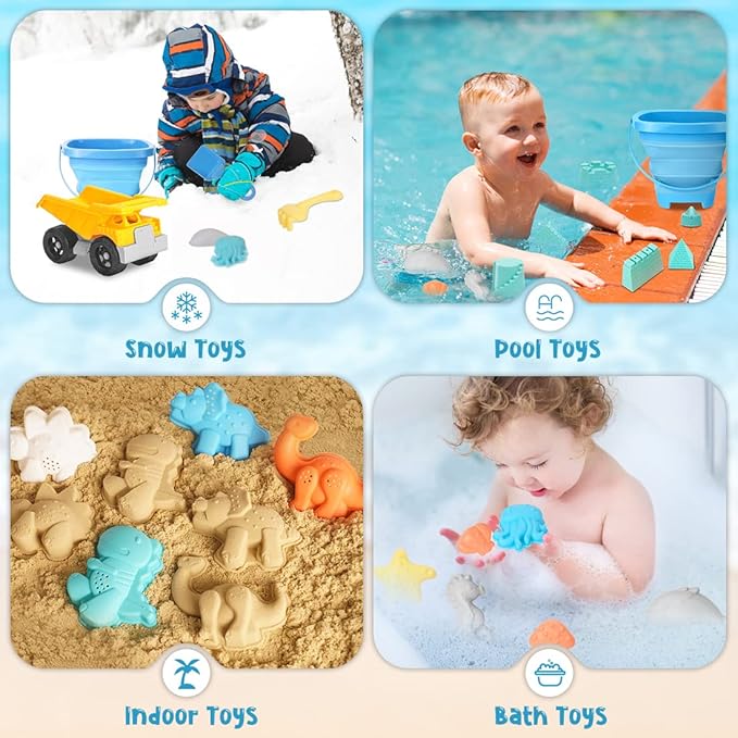 Beach Toys, 23Pcs Sand Toys, Sandbox Toys with Dump Truck, Collapsible Sand Bucket, Shovel Set, Sand Castle Kit, Animal Dinosaur Molds, Mesh Bag, Travel Toys for Kids Toddlers Boys Girls