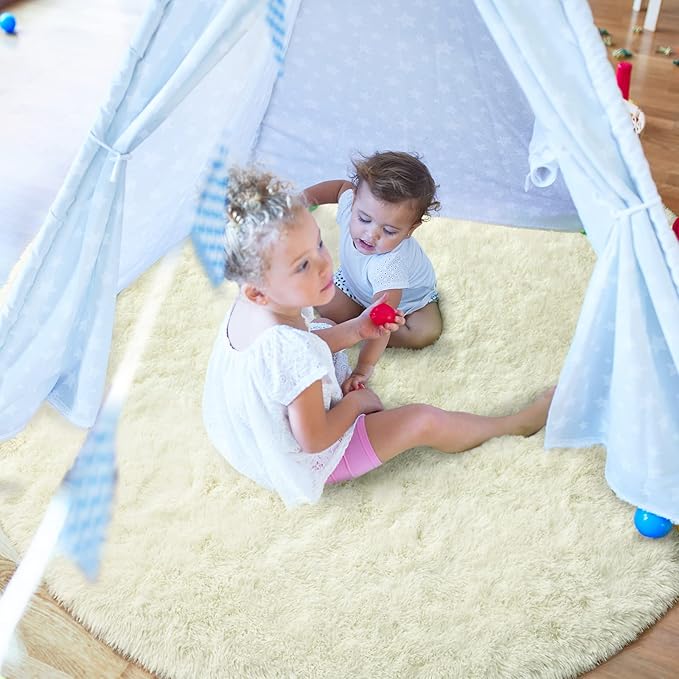 LOCHAS Luxury Round Fluffy Area Rugs for Bedroom Kids Girls Room Nursery, Super Soft Circle Rug, Cute Shaggy Carpet for Children Living Room, 4x4 Feet Cream
