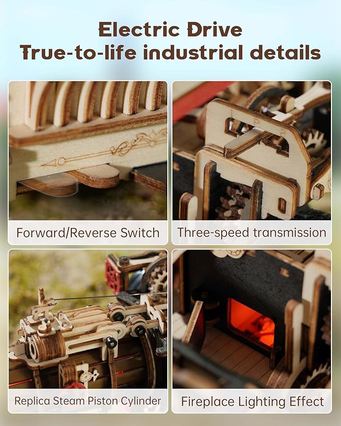 ROKR 3D Puzzle for Adults 469pcs Electric Vintage Car Steam Engine Model Kits, Mechanical Wooden Assembly Puzzles Vehicle DIY Hobbies Christmas Gifts for Men Women