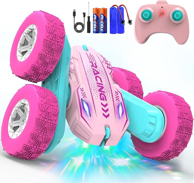 Remote Control Car for Girls, RC Car for Girls, 360° Stunt Rotating Double-Sided Race Remote Cars with Headlights, Fun Toys Christmas Birthday Gifts for 4-7 8-12 Years Old Boys Girls