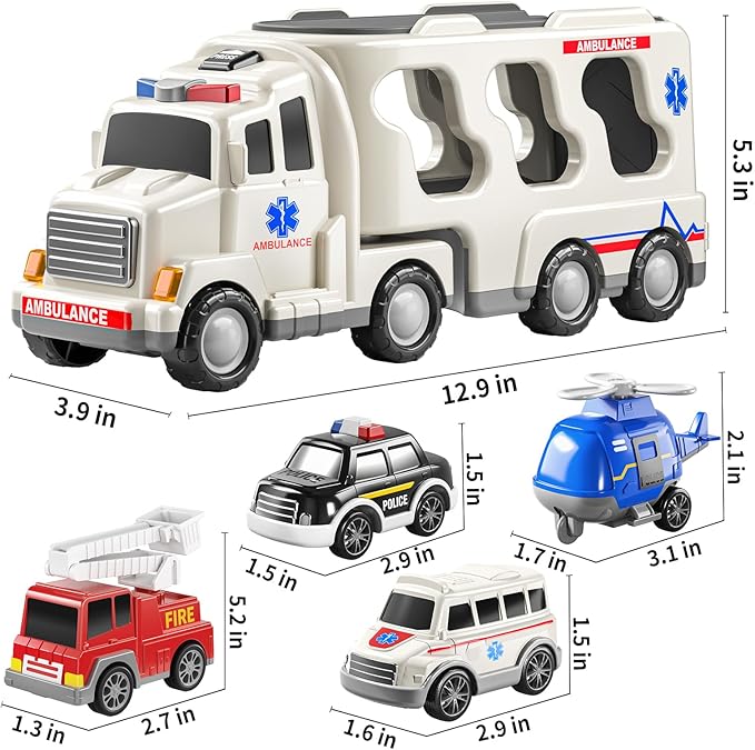 TEMI 5 Pack Ambulance Vehicle Toddler Truck Toys for 3 4 5 6 Year Old Boys, Friction Powered Cars with Toy Helicopter, Police Car, Fire Truck, Ambulance Car, Birthday Gifts for Girls Age 3-9