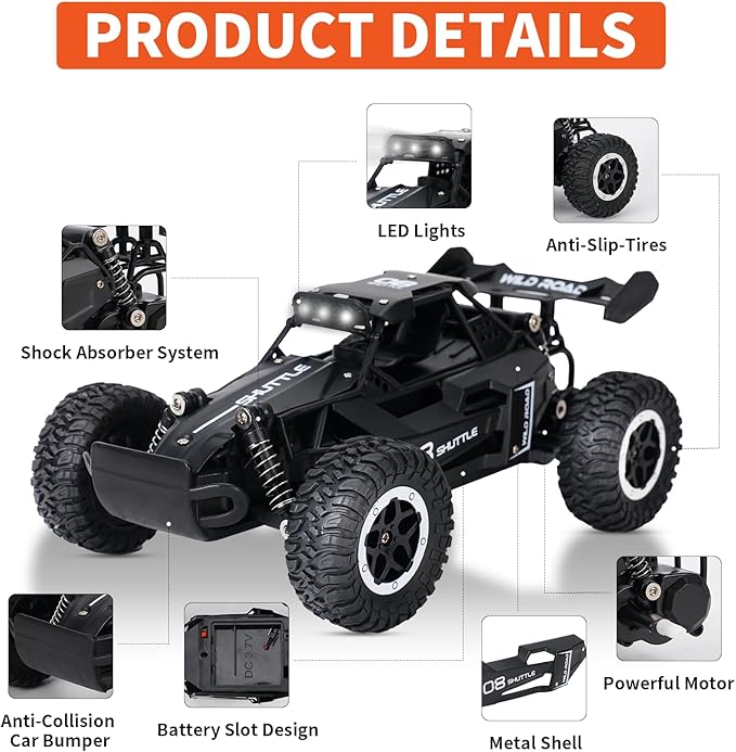 Remote Control Car, Remote Control Truck, 1:16 Balck 2.4Ghz All Terrain Off-Road Monster Truck, 20 km/h RC Cars with LED Bodylight and 2 Rechargeable Batteries Toys Gifts for Adults Boys 3+ Years
