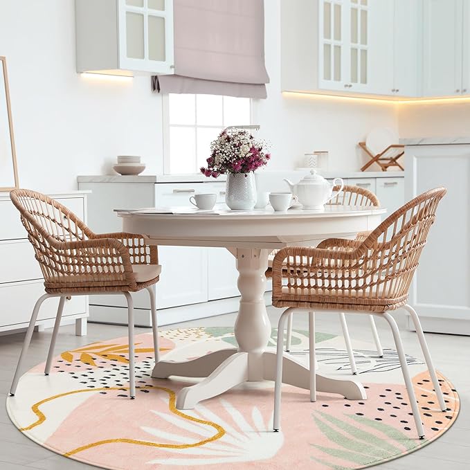 Lahome Pink Round Rug 7Ft - Washable Boho Area Rug for Living Room & Dining Room, 7'x7' Soft Non-Slip Ultra-Thin Botanical Print Carpet for Bedroom & Office