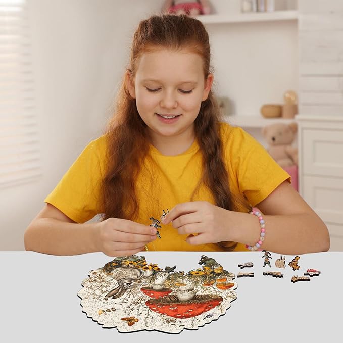 Rabbit Mushroom Wooden Jigsaw Puzzle for Adult and Kids 200 Pcs Unique Shape Multicolor Bunny Wood Box Fun Challenge Brain Teaser Family Game Creative Gift for Friends Rompecabezas Madera