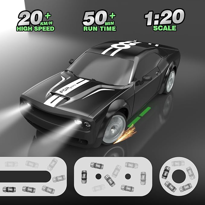 Remote Control Car RC Drift Car 2.4GHz 1:20 Scale 4WD 20KM/H High Speed Remote Control Cars Vehicle with LED Lights Drifting Tire 2Pcs Rechargeable Batteries Toy Cars for Adults Boys Girls (Black)