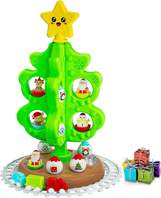 Montessori Inspired Christmas Activity Tree for Toddlers 1.5-3 Years - Sensory Toy with Roly Poly & DIY Train Track, Kids Interactive Holiday Tree Toy Set, Educational for Boys and Girls