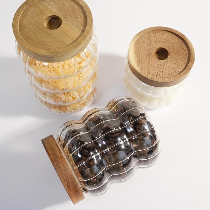 Glass Jar with Wood Lid Cute Decorative Glass Jars Canisters for Nut Coffee Sugur Glass Storage Jar Sets of 3 Size Clear Strip for Kitchen Storage Decor Gift for Christmas (12/20 /27oz)