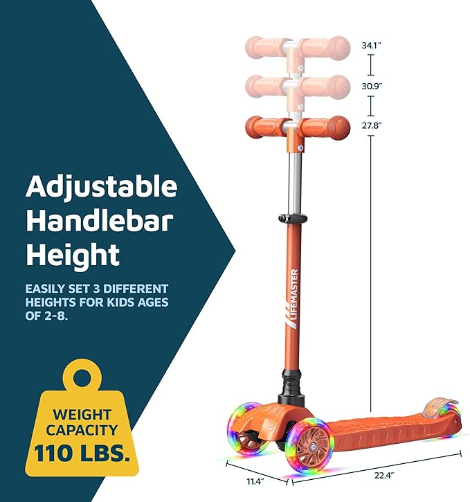 Kids Scooter – Children and Toddler 3 Wheel Kick Scooter – LED Wheel Lights Illuminate When Rolling– Adjustable Handlebar – Indoor and Outdoor