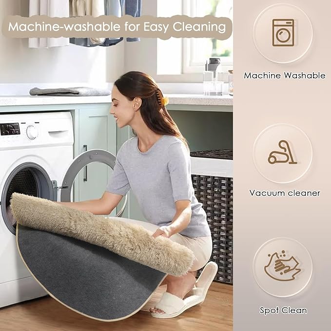 Amdrebio Beige Round Area Rugs 5Ft for Bedroom, Fluffy Plush Shag Furry Circle Rug for Kids Room, Living Room Decor Aesthetic, Fuzzy Circular Tan Neutral Carpet for Teens Baby Nursery Playroom Dorm