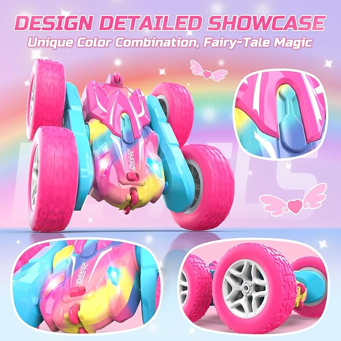 DEERC Rainbow Remote Control Car for Girls, Pink RC Cars Toy with LED Lights, 2.4 GHZ Double Sided RC Stunt Drift Car 360°Rotating, All Terrain RC Crawler Gift for Kids, 40+ Mins Running Time