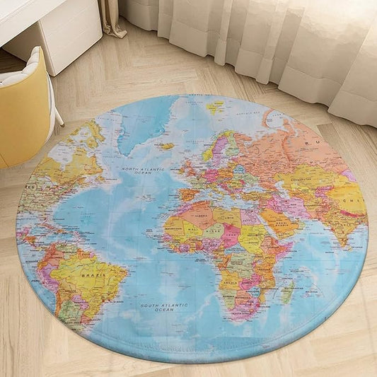 Map of The World 3Ft Round Rug Non-Slip Soft Kids Floor Playing Mat for Bedroom Living Room,Round Carpet for Nursery Dorm
