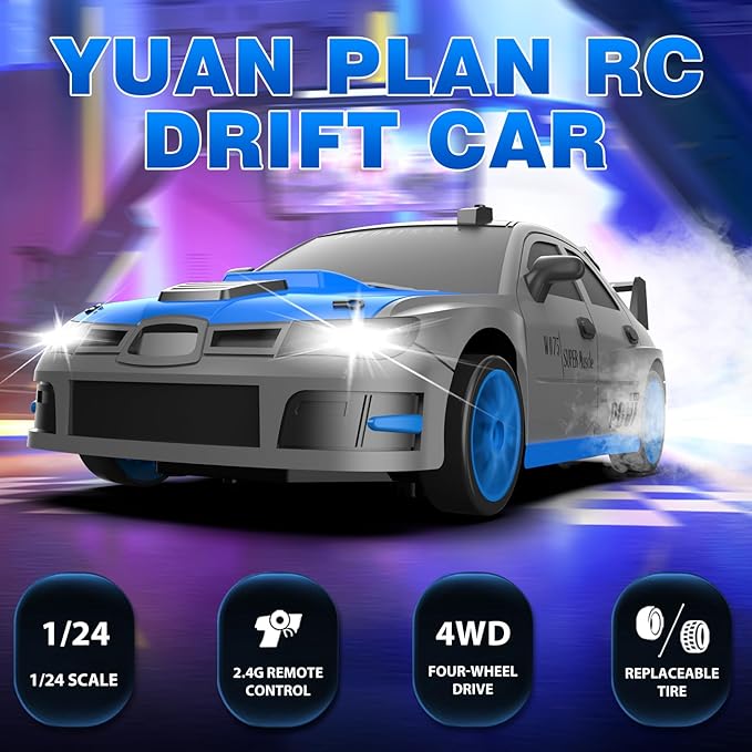 Remote Control Car, 1/24 2.4GHz 4WD RC Drift Car High Speed RC Cars Racing Cars with Cool Lights, Two Rechargeable Batteries and Extra Tires Toy Car for Kids Boys Adults