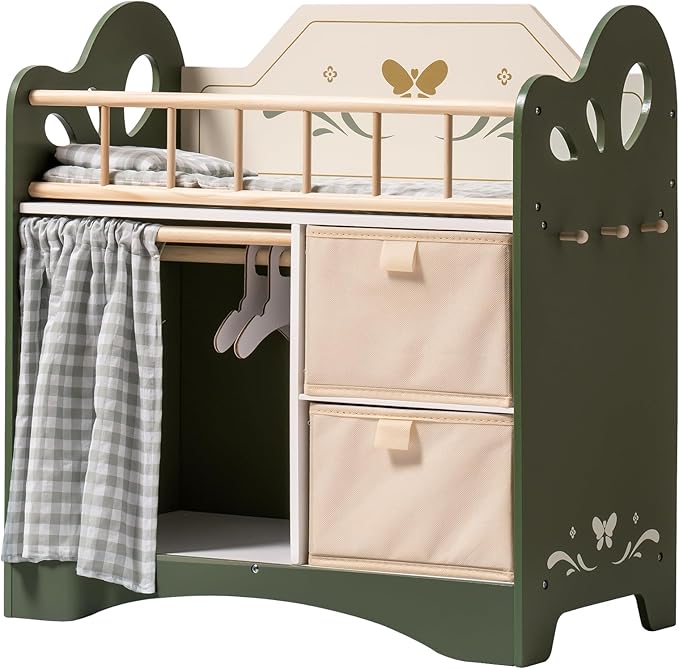 ROBOTIME Baby Doll Crib, Wooden Doll Bed, Toy Baby Crib with Storage, Bedding, and Wooden Hooks, Doll Crib Fits Dolls up to 22’’, Doll Furniture for American Girls Ages 3+ (Green)