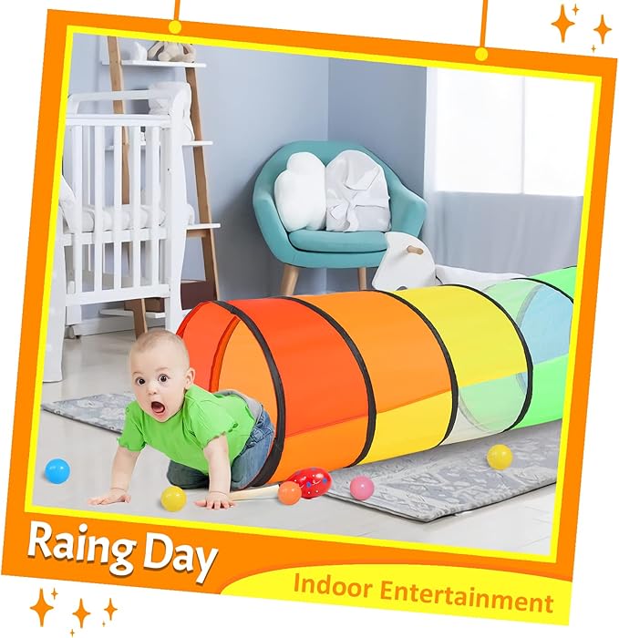 Kids Play Tunnel for Toddlers, 5.7 Foot Pop Up Crawl Through Tunnel Play Tent for Baby Infant Children or Dog with 2 Mesh Sides, Kids Tunnel Toys or Gift Indoor & Outdoor (Rainbow Crawling Tunnel)