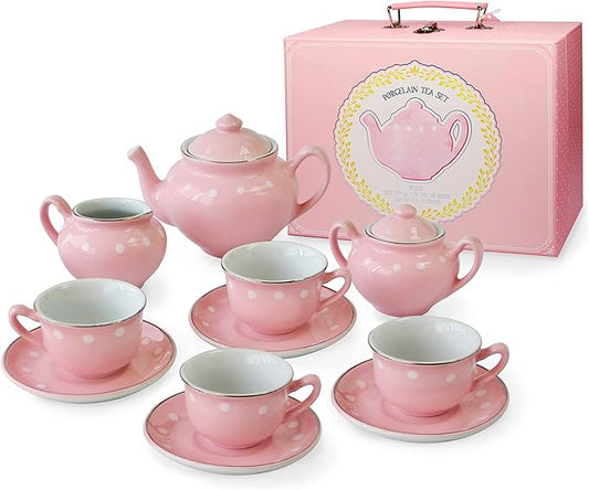 Bright Stripes Porcelain Tea Set for Kids - Premium Quality Pretend Play Set - 4 Tea Cups, 4 Saucers, Tea Pot, Sugar Pot, Creamer - Ideal Kids Tea Sets for Girls