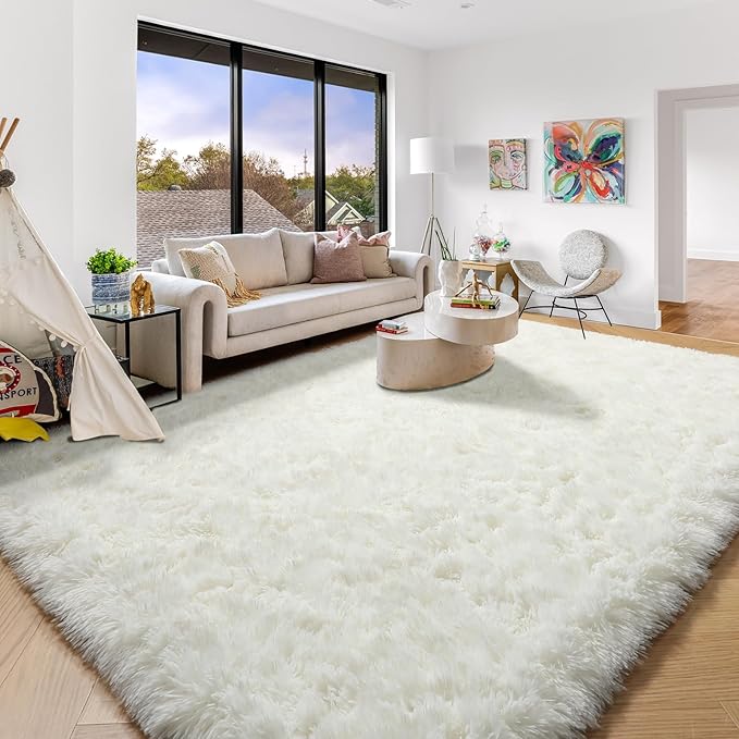 Amdrebio Ivory Area Rugs for Living Room Bedroom, 8x10 Big Large Soft Fluffy Neutral Carpet for Kids Room, Shaggy Thick Fuzzy Floor Rugs for Apartment Playroom Nursery Classroom, Furry Cream White Rug