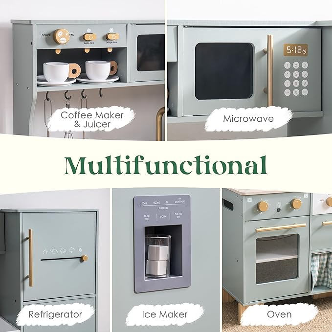 ROBOTIME Play Kitchen for Kids Toddlers, Wooden Pretend Play Kitchen Set Toy with with Fridge, Ice Maker, Coffee Maker, Toys Kitchen Gift for 3+ Year Old Kids, Girls & Boys