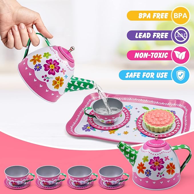 Kids Tea Party Set for Little Girls, Flower Toy Tin Tea Set with Carry Case, Dessert Play Food Tea Cup Set Teapot Girl Jewelry, Birthday for Girls Kids 3 4 5 6 7 Years Old