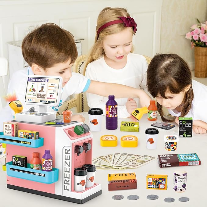 46PCS Cash Register Playset for Kids Pretend Play Coffee Machine with Water Outlet Function, Mini Supermarket Grocery Store with Money, Scanner,Play Foods, Gift for Boys and Girls (Pink)