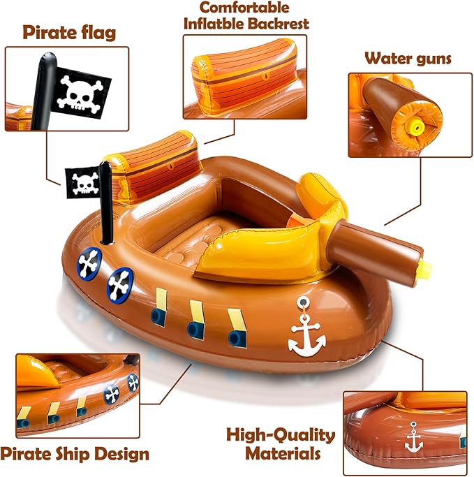 Pirate Ship Pool Floats Toys for Kids 3-11 Years with Water Squirt Guns, Inflatable Ride-On Swimming Pool Toys Floaties for Kids Boys Girls, Toddler Battle Pool Float Outdoor Summer Water Party Game