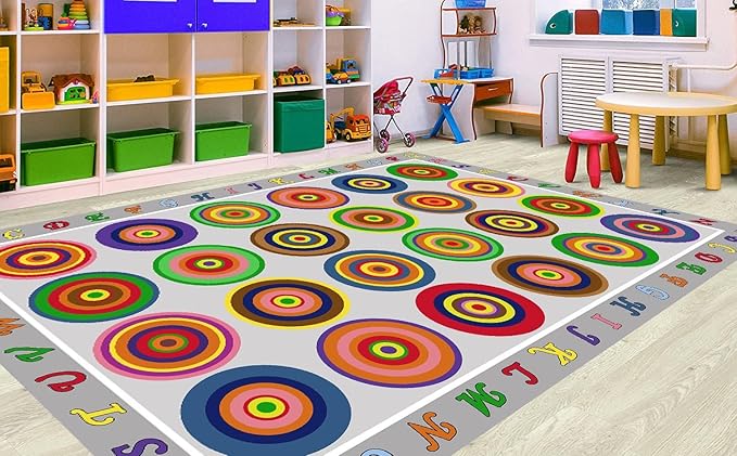 HUAHOO Small Classroom Rug Elementary Preschool Learning Carpet Seating Rug for Kids Room with Non-Slip Backing, 5' x 7'6", Rainbow Circles Gray